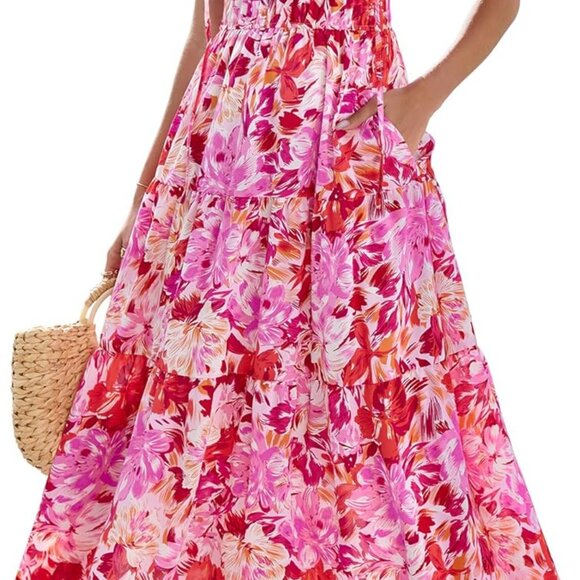 Dresses & Skirts - Women Summer Fall Ruffle Maxi Dress V Neck High Waist Floral Pockets